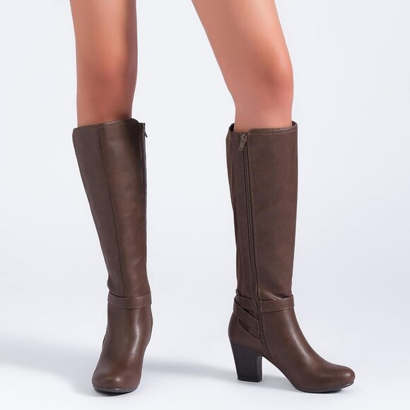 Women's Brown Knee High Slouchy Chunky Heel Toe Comfortable Long Boots - Picture 6 of 6